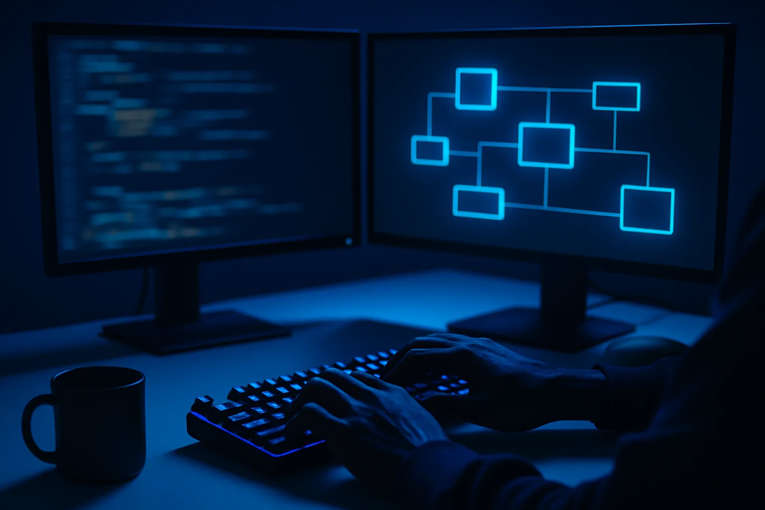 Code and an architecture diagram on two screens
