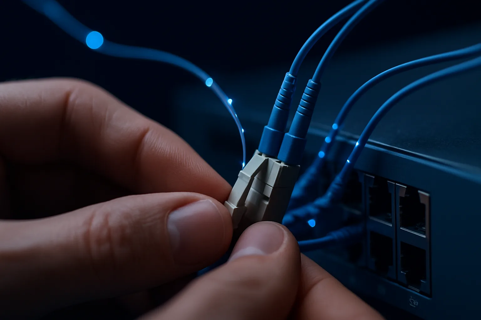 Technician connecting fibre optic cables to a switch