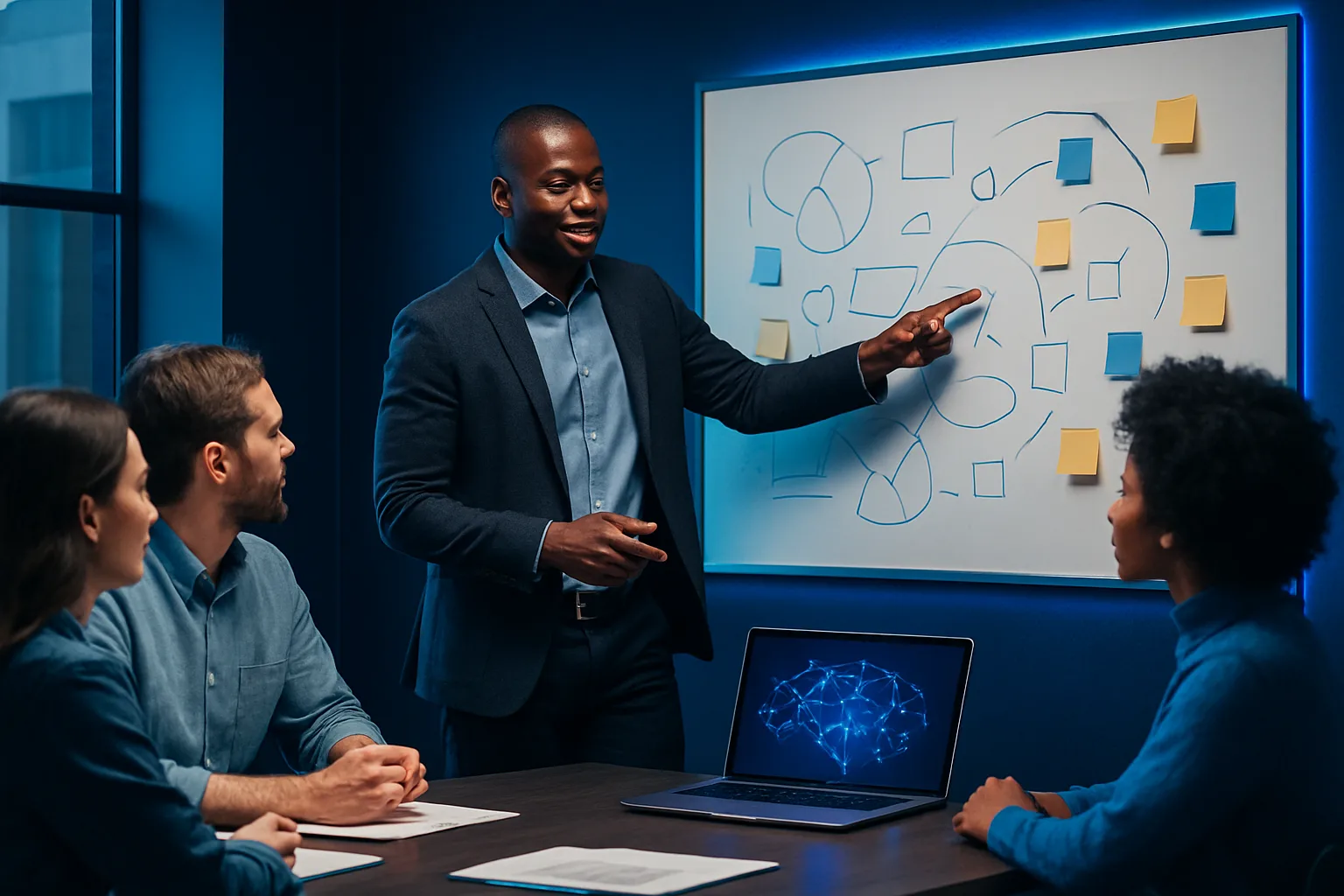Project manager leading a workshop at a whiteboard